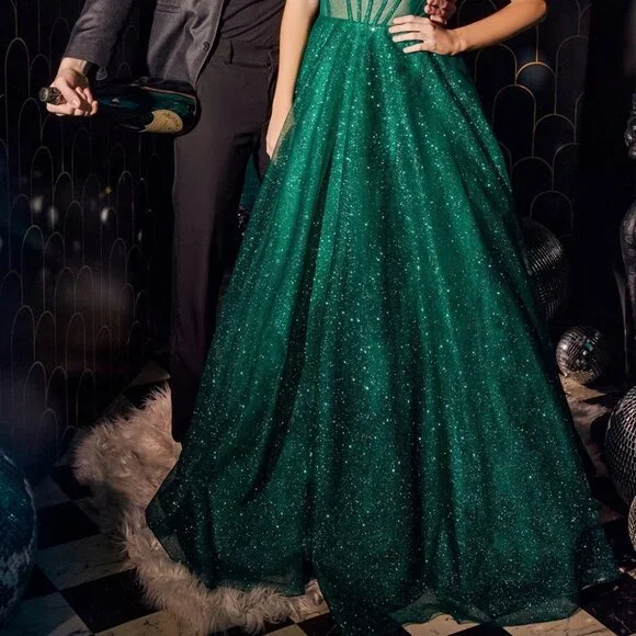 NEW LONG OFF THE SHOULDER STRAPLESS A-LINE GLITTER DRESS WITH LACE UP BACK CD275